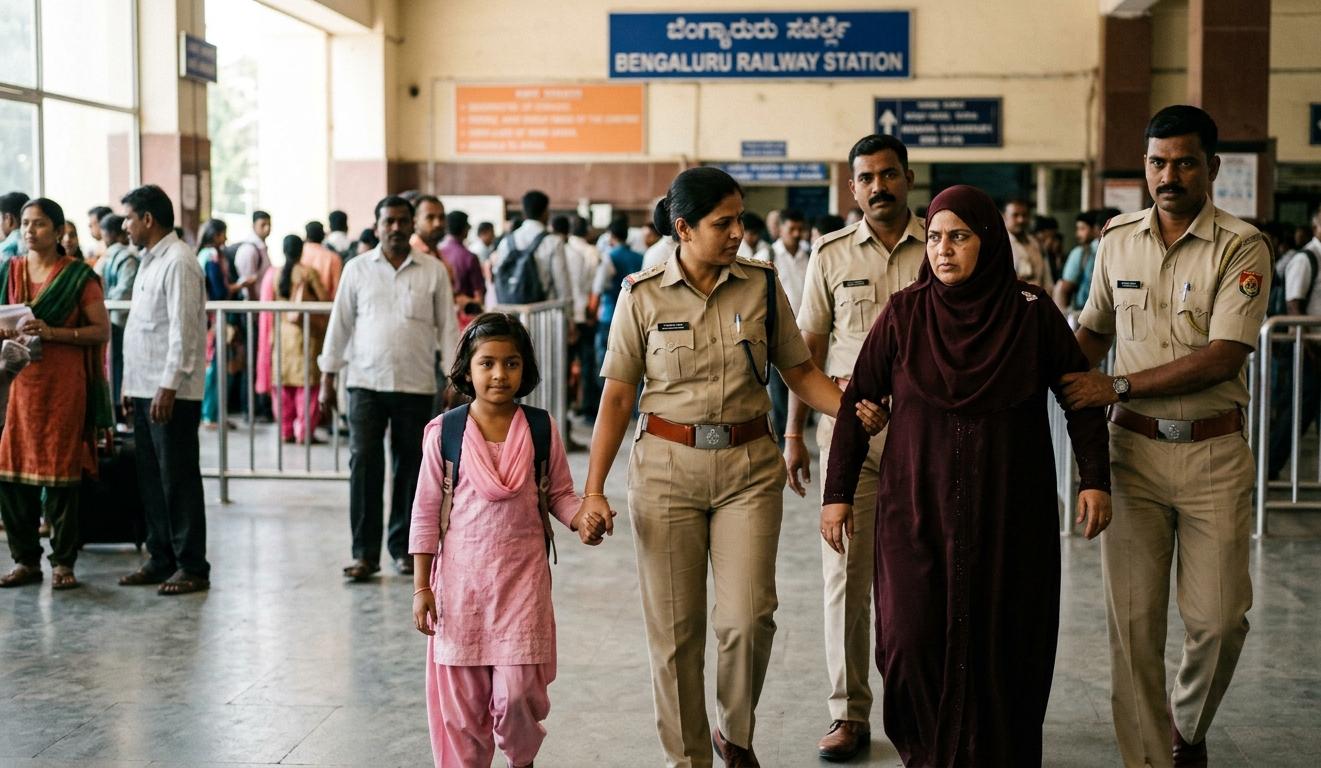 बेंगलुरु पुलिस और उत्तराखंड पुलिस के जवान रुड़की से किडनैप बच्ची को बरामद कर आरोपी महिला राबिया को ले जाते हुए.