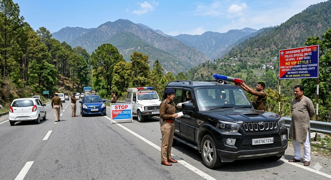 उत्तराखंड में निजी वाहनों से हूटर और लाल-नीली बत्ती हटाती पुलिस।
