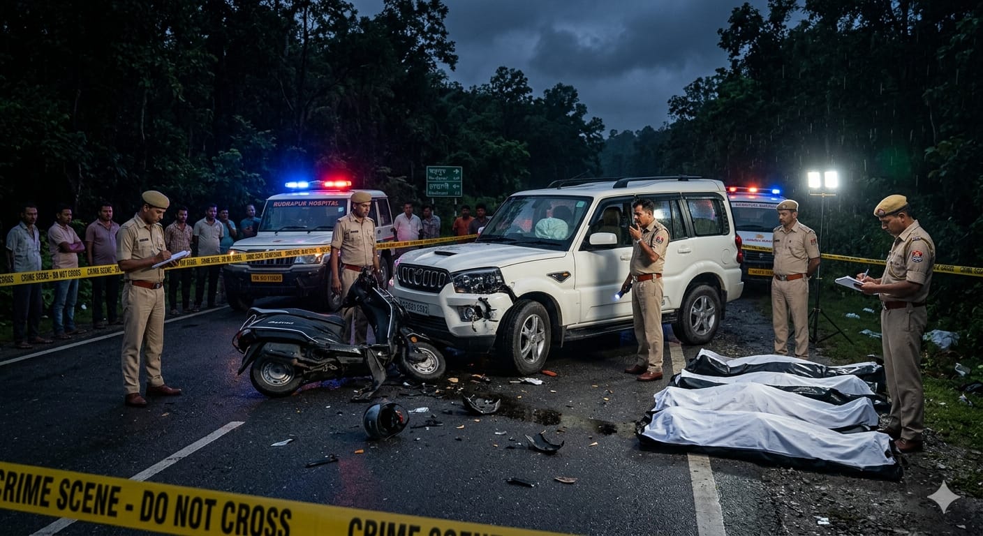टांडा जंगल रुद्रपुर में स्कॉर्पियो और स्कूटी की टक्कर का दुर्घटना स्थल