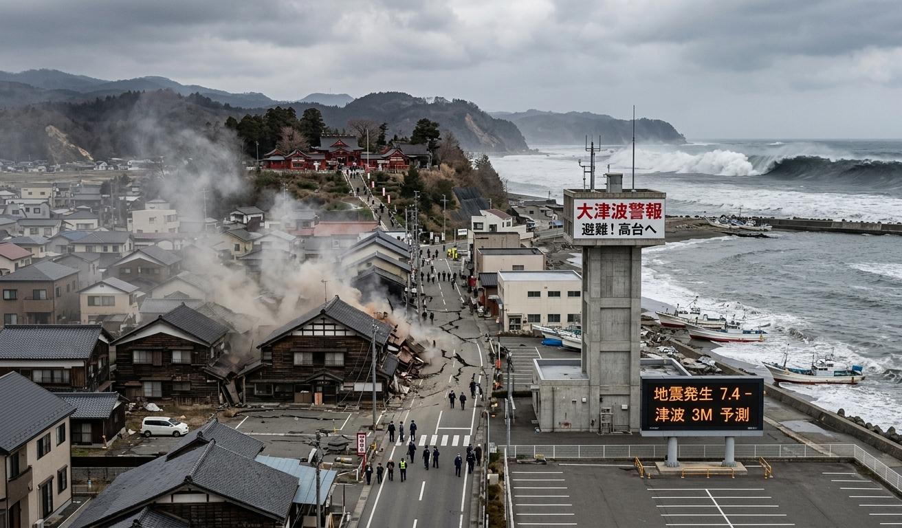 जापान के इवाते तट पर भूकंप के बाद सुनामी की ऊंची लहरें और क्षतिग्रस्त इमारतें।
