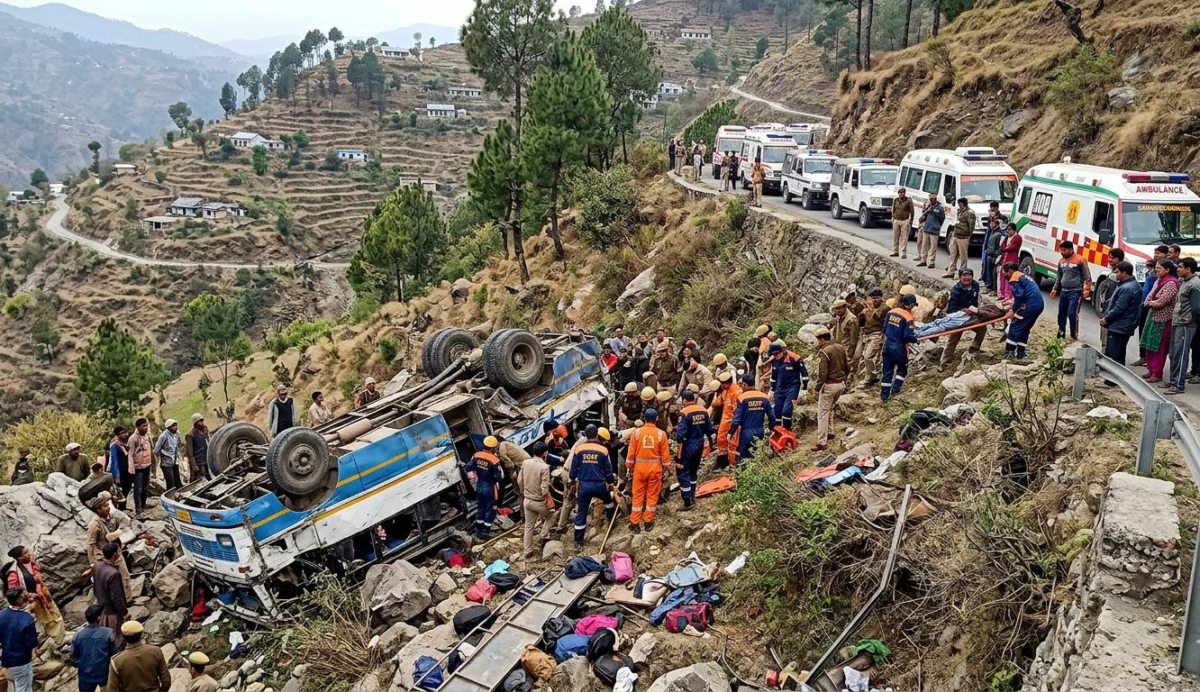 जम्मू-कश्मीर के उधमपुर में खाई में गिरी दुर्घटनाग्रस्त बस और राहत कार्य में जुटे बचाव दल।