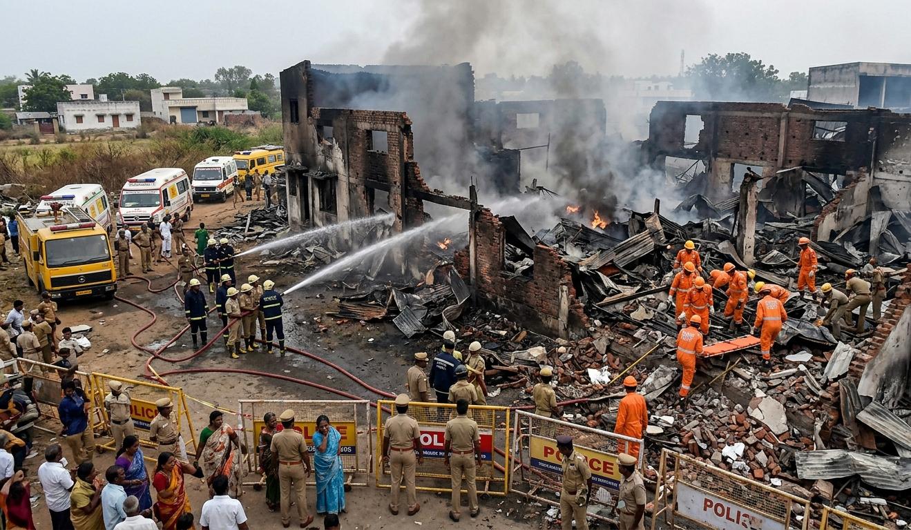 तमिलनाडु के विरुधुनगर में पटाखा फैक्ट्री विस्फोट के बाद राहत कार्य करते बचाव दल और दमकल विभाग।