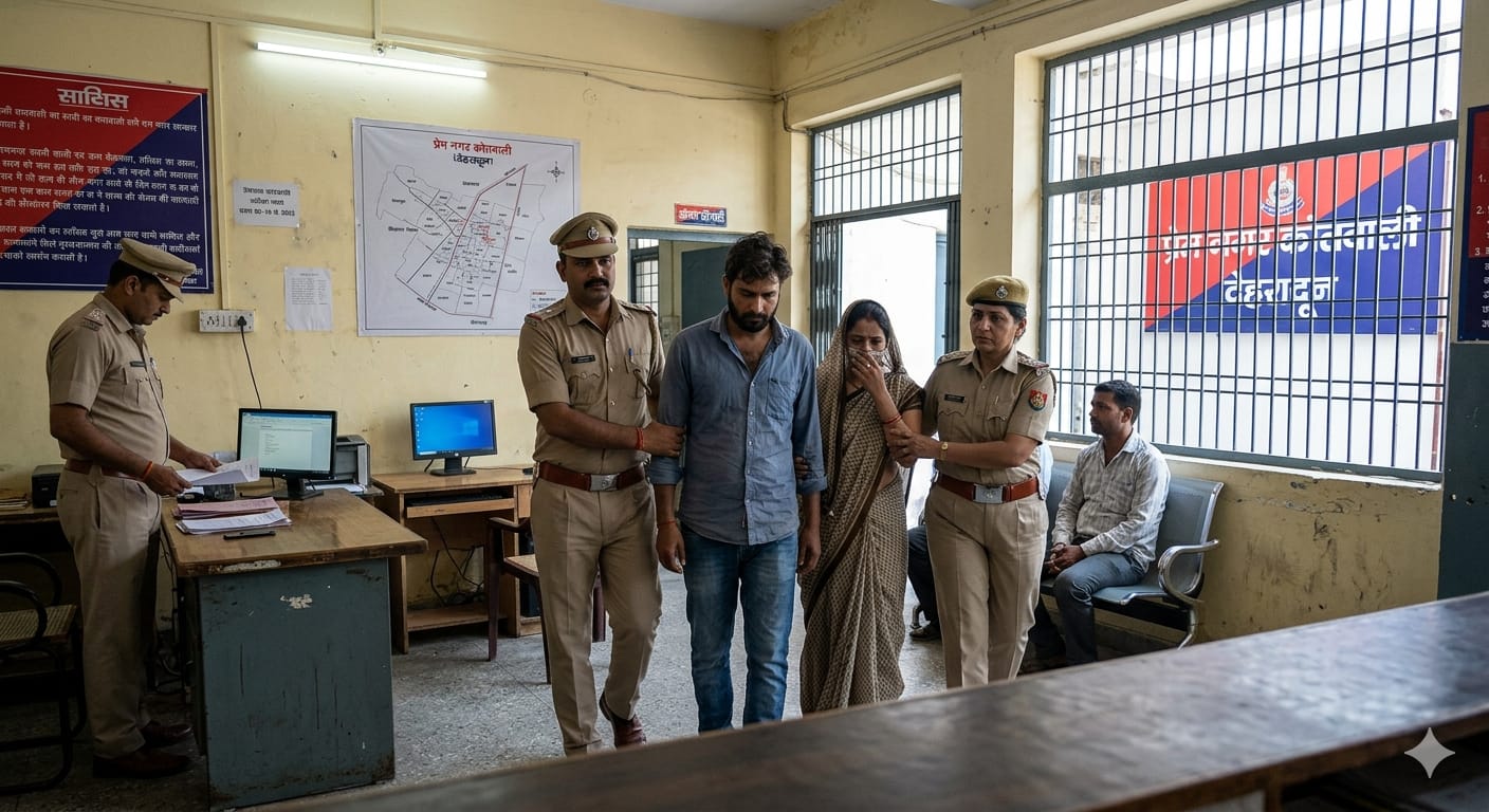 देहरादून पुलिस द्वारा गिरफ्तार आरोपी पति-पत्नी पुलिस स्टेशन के अंदर।
