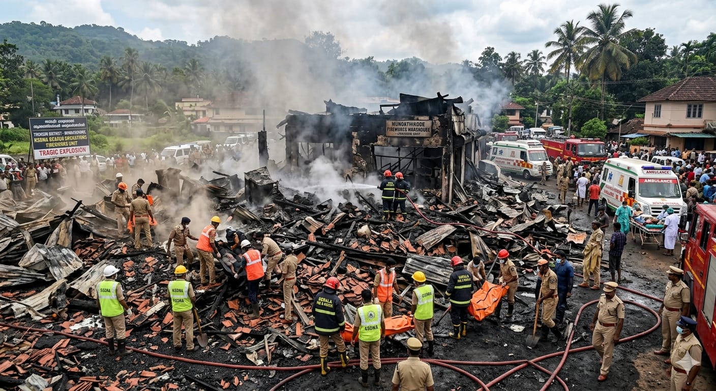 केरल के त्रिशूर में पटाखा फैक्ट्री में हुए धमाके के बाद बचाव कार्य करते राहत कर्मी और मलबे का दृश्य