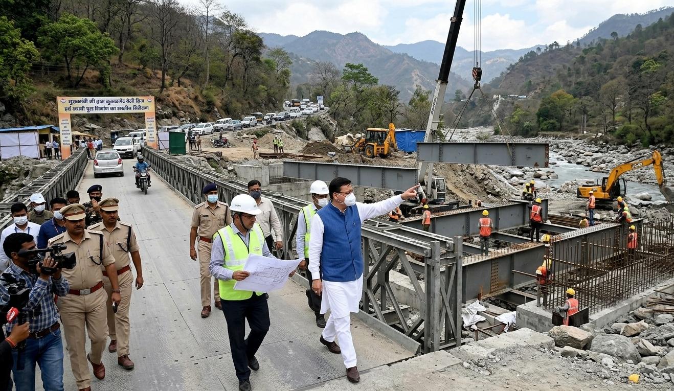 सीएम पुष्कर सिंह धामी कुठालगेट मसूरी रोड पर पुल निर्माण का निरीक्षण करते हुए |