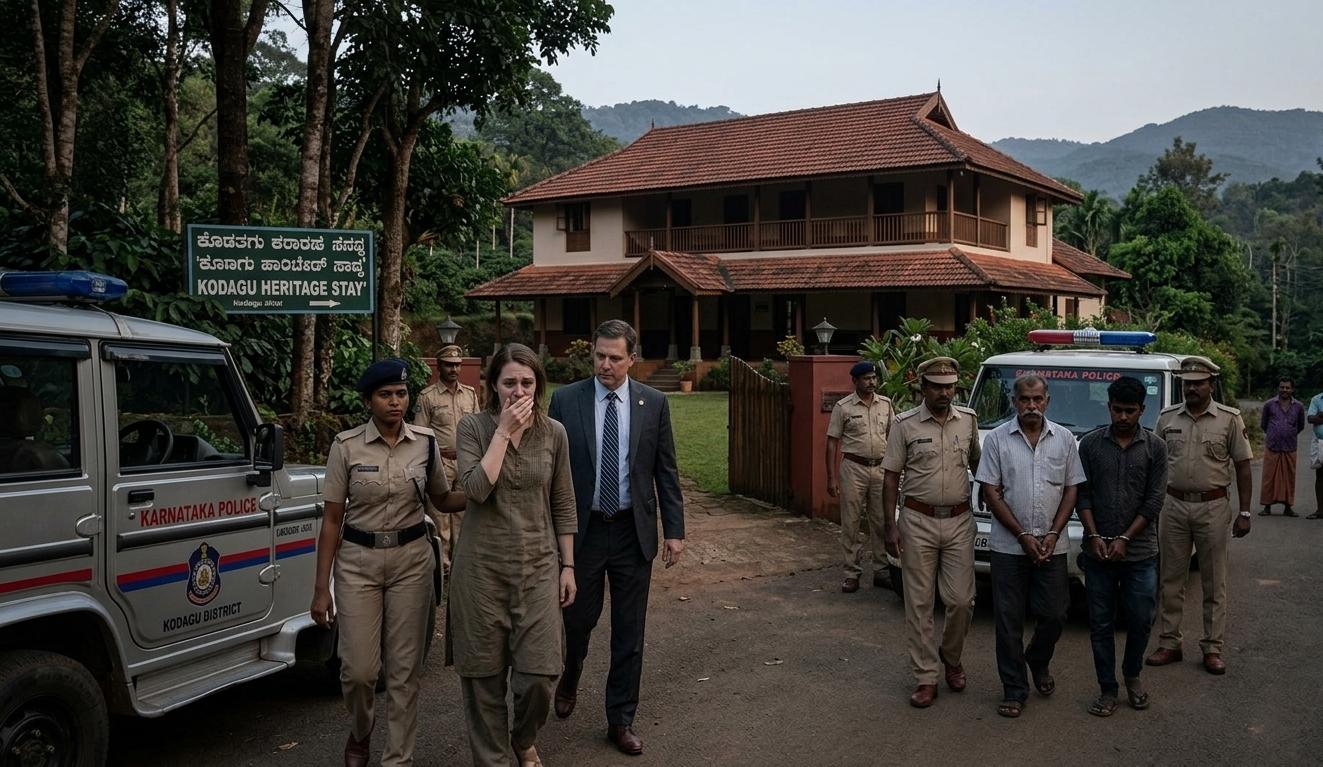कोडागु पुलिस द्वारा अमेरिकी महिला से दुष्कर्म के आरोप में होमस्टे मालिक और कर्मचारी को गिरफ्तार कर ले जाते हुए