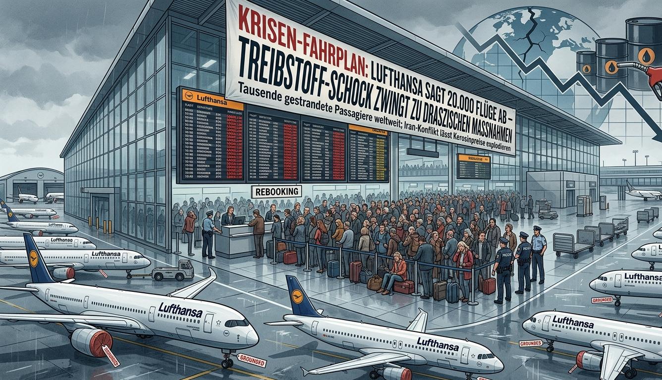 हवाई अड्डे पर खड़े लुफ्थांसा एयरलाइन के विमान और रद्द उड़ानों की सूचना देखते यात्री |