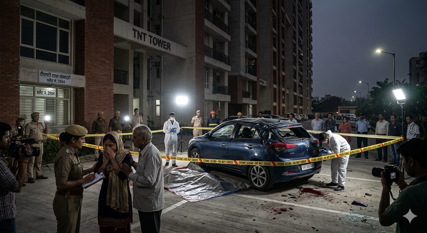 इंदिरापुरम टीएनटी टावर सोसाइटी में पुलिस जांच और क्षतिग्रस्त कार जहां महिला 29वीं मंजिल से गिरी