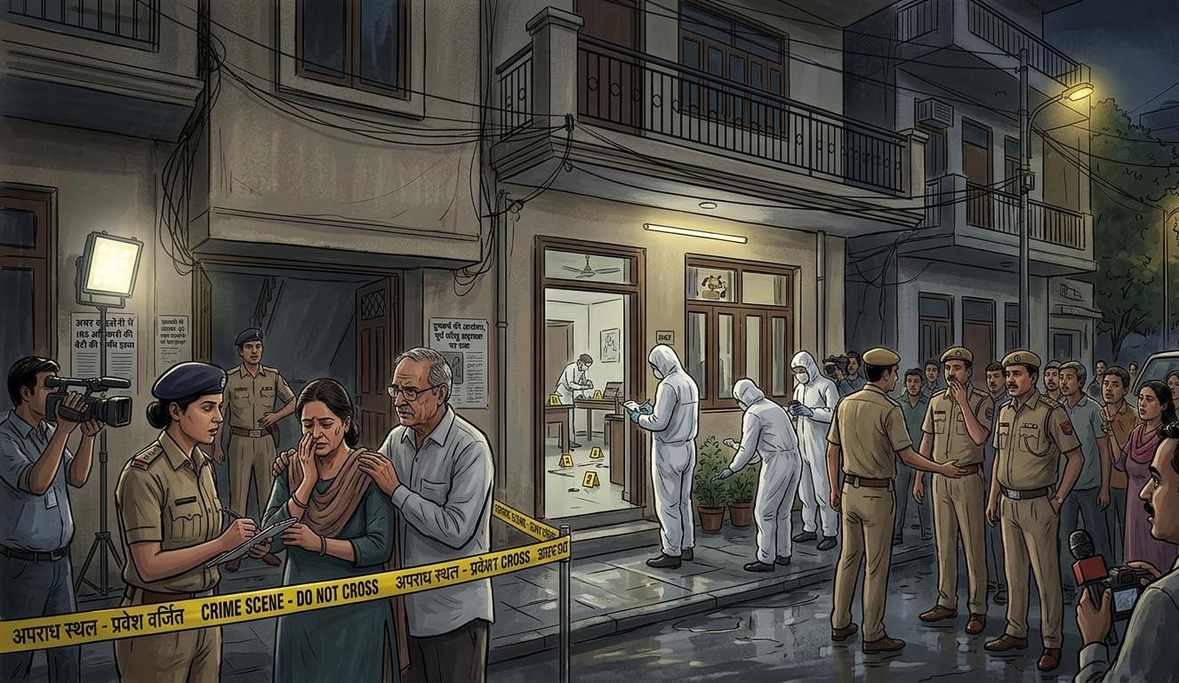दिल्ली की अमर कॉलोनी में IRS अधिकारी के घर के बाहर पुलिस और फोरेंसिक टीम जांच करते हुए |