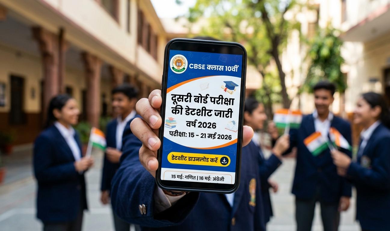 एक छात्र स्कूल परिसर में खड़ा है और अपने स्मार्टफोन पर सीबीएसई क्लास 10वीं की दूसरी बोर्ड परीक्षा की डेटशीट दिखा रहा है।