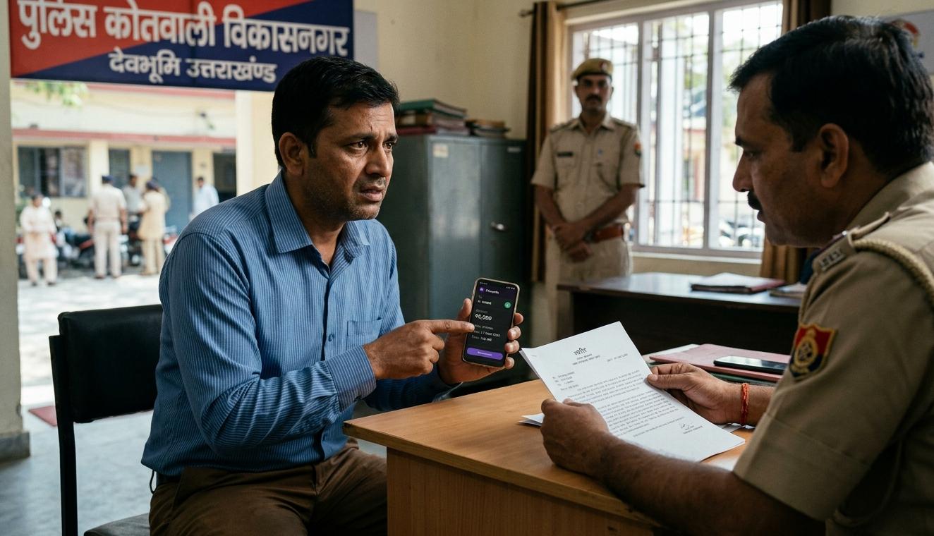 विकासनगर पुलिस कोतवाली में शिकायत दर्ज कराते हुए पीड़ित पिता और फोन-पे ट्रांजैक्शन का विवरण।