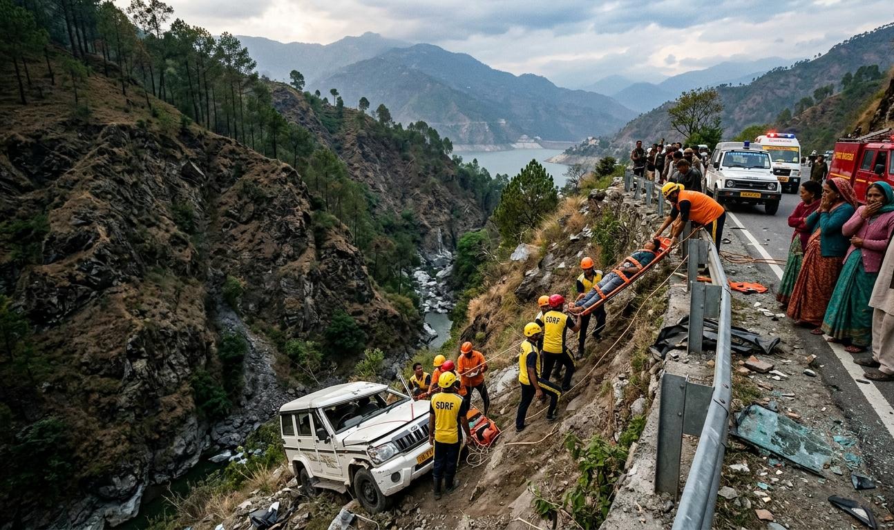 उत्तराखंड के टिहरी में खाई में गिरा सफेद यूटिलिटी वाहन और रेस्क्यू करती एसडीआरएफ की टीम।