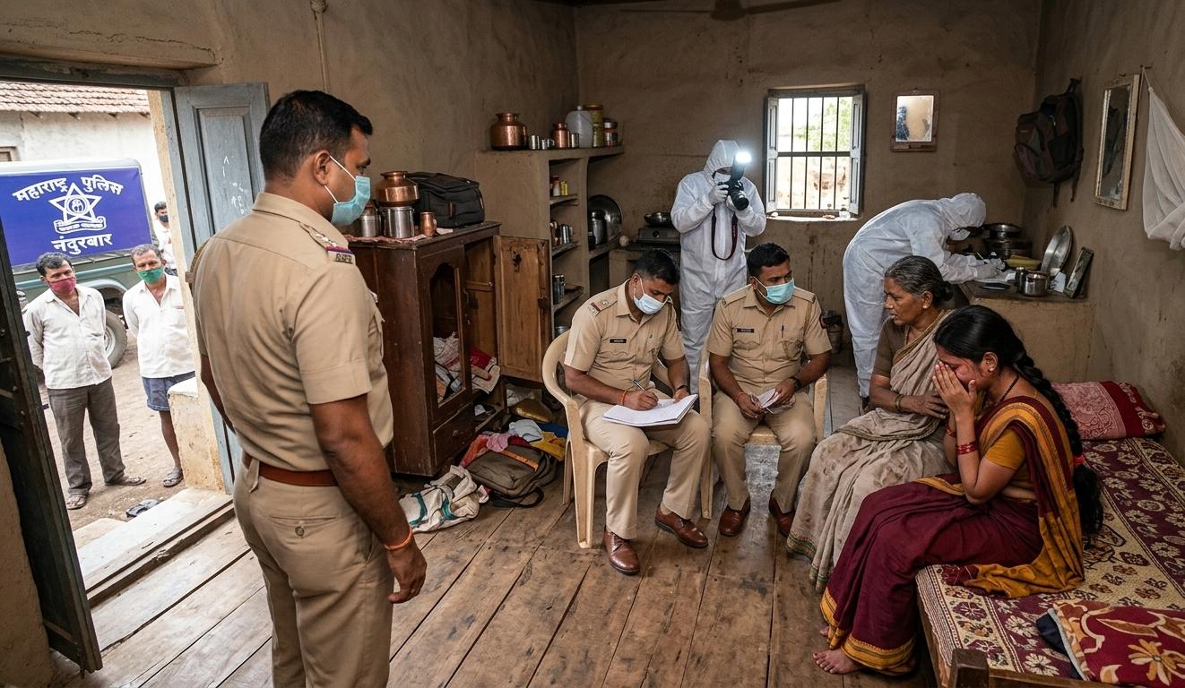 महाराष्ट्र के नंदुरबार में आग लगने के बाद जांच करती पुलिस और रोते हुए पीड़ित परिवार की फोटो।