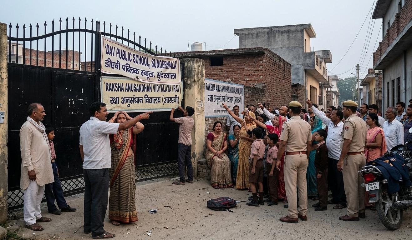 देहरादून में रक्षा अनुसंधान विद्यालय का नाम बदलने पर स्कूल गेट के बाहर प्रदर्शन करते अभिभावक और पुलिस बल।