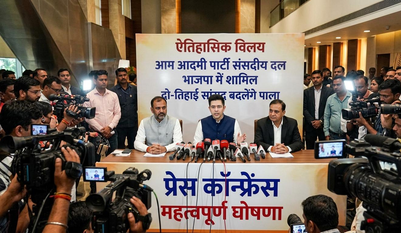 * राघव चड्ढा, संदीप पाठक और अशोक मित्तल की भाजपा में शामिल होने की प्रेस कॉन्फ्रेंस।