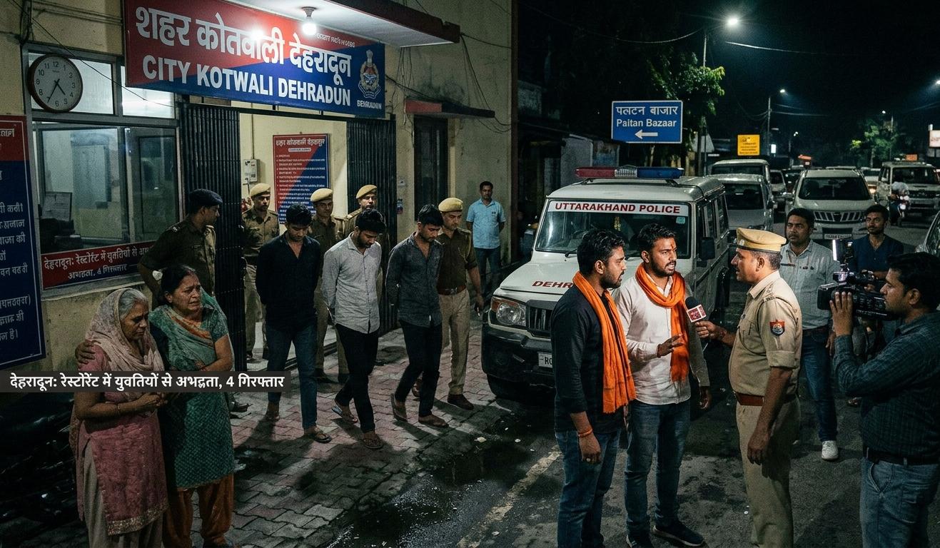 देहरादून पुलिस की हिरासत में आरोपी युवक और बजरंग दल के कार्यकर्ता |