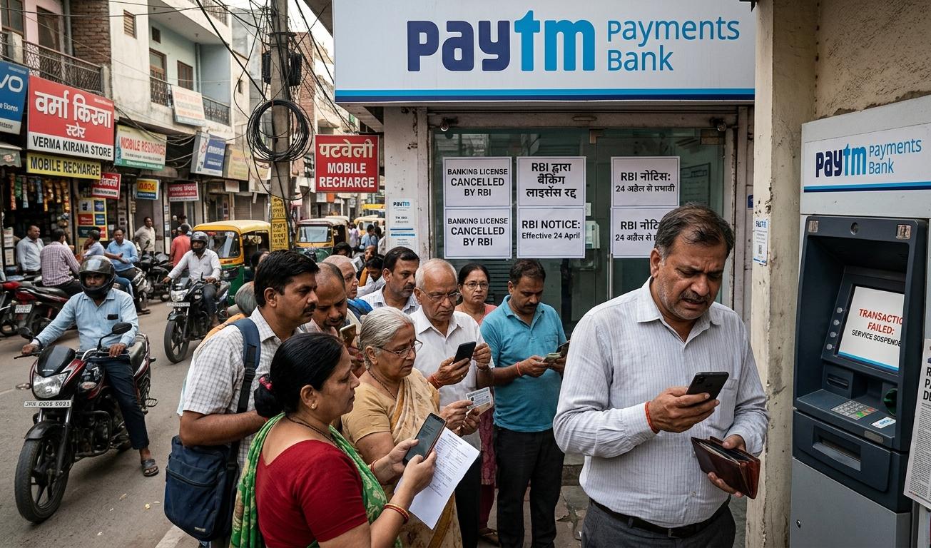 पेटीएम पेमेंट्स बैंक के बाहर जमा ग्राहकों की भीड़ और आरबीआई द्वारा लाइसेंस रद्द करने का नोटिस।