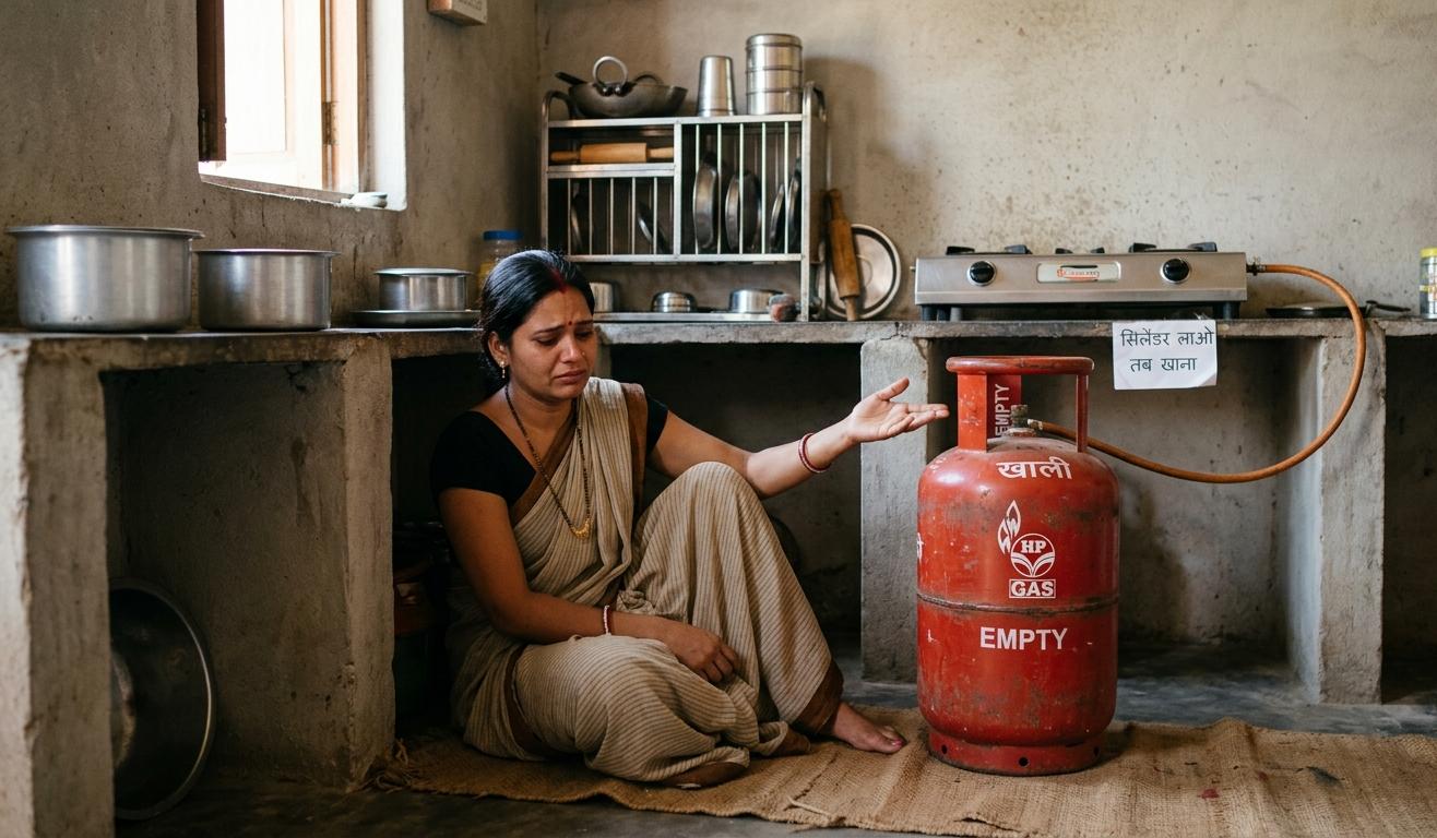 एक उदास भारतीय महिला रसोई में एक खाली एलपीजी सिलेंडर के पास बैठी है, जो सिलेंडर की कमी और घरेलू कलह को दर्शाता है।