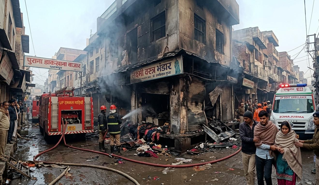 कानपुर के घाटमपुर में भीषण आग के बाद का दृश्य, दमकल कर्मी और एम्बुलेंस मौजूद