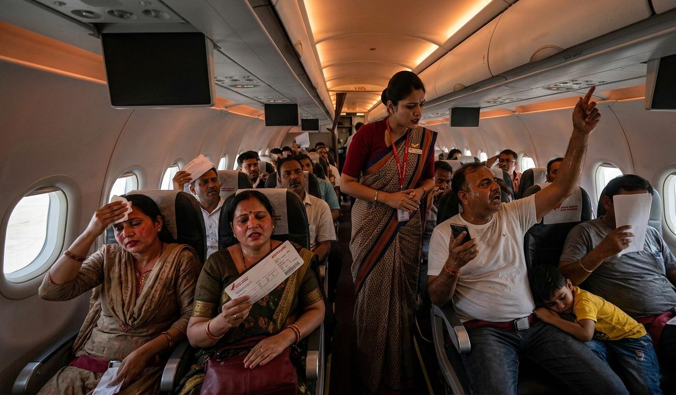 एयर इंडिया फ्लाइट के अंदर का दृश्य जहां पसीने से लथपथ यात्री AC बंद होने पर विरोध कर रहे हैं।