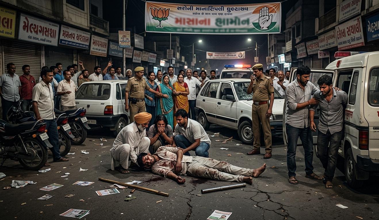 मेहसाणा में भाजपा और कांग्रेस समर्थकों के बीच झड़प के बाद पुलिस और एम्बुलेंस की तैनाती |