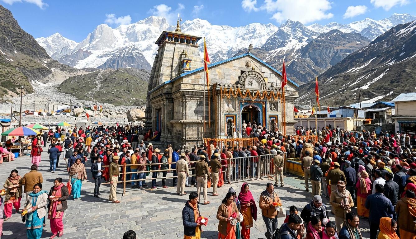 केदारनाथ मंदिर के बाहर श्रद्धालुओं की भारी भीड़ और पृष्ठभूमि में बर्फ से ढके पहाड़।