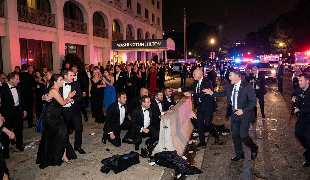 वॉशिंगटन हिल्टन होटल के बाहर सीक्रेट सर्विस एजेंट और पुलिस तैनात, व्हाइट हाउस डिनर के दौरान गोलीबारी के बाद अफरा-तफरी का दृश्य