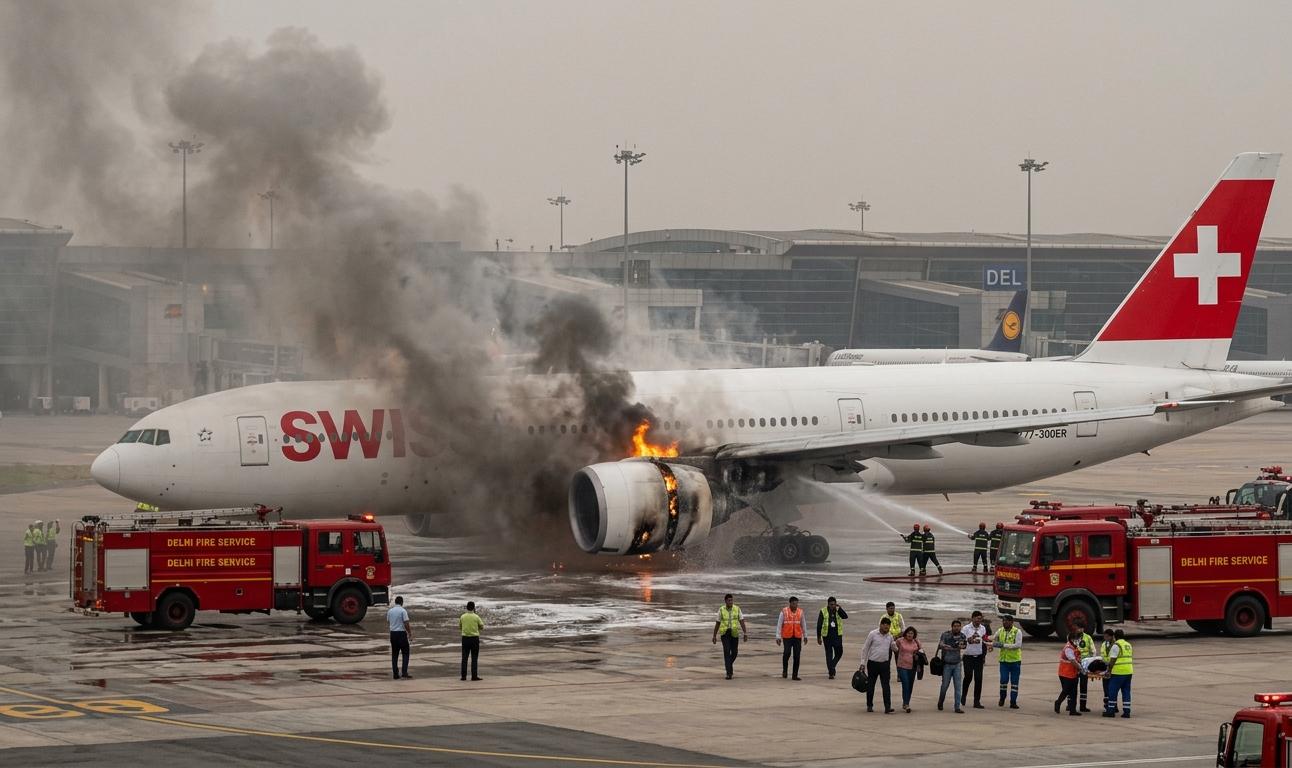 | दिल्ली हवाई अड्डे के रनवे पर खड़े स्विस एयर विमान के इंजन से निकलता धुआं और आग, पास में तैनात दिल्ली फायर सर्विस की गाड़ियां