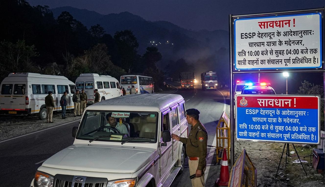 देहरादून पुलिस चेकपोस्ट पर रात के समय रोके गए यात्री वाहन और प्रशासन का सूचना बोर्ड।