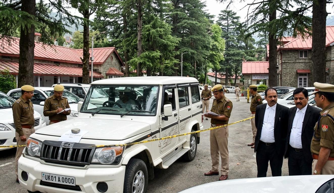 नैनीताल कलेक्ट्रेट परिसर में पुलिस जांच और खड़ी कार
