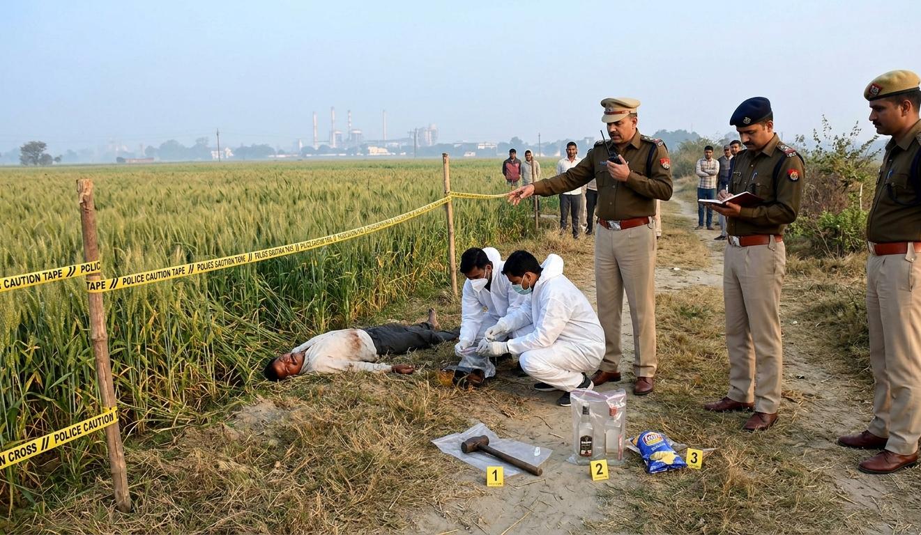 हरिद्वार के बहादराबाद में खेत में सिडकुल कर्मचारी के शव के पास फॉरेंसिक और पुलिस टीम जांच करते हुए
