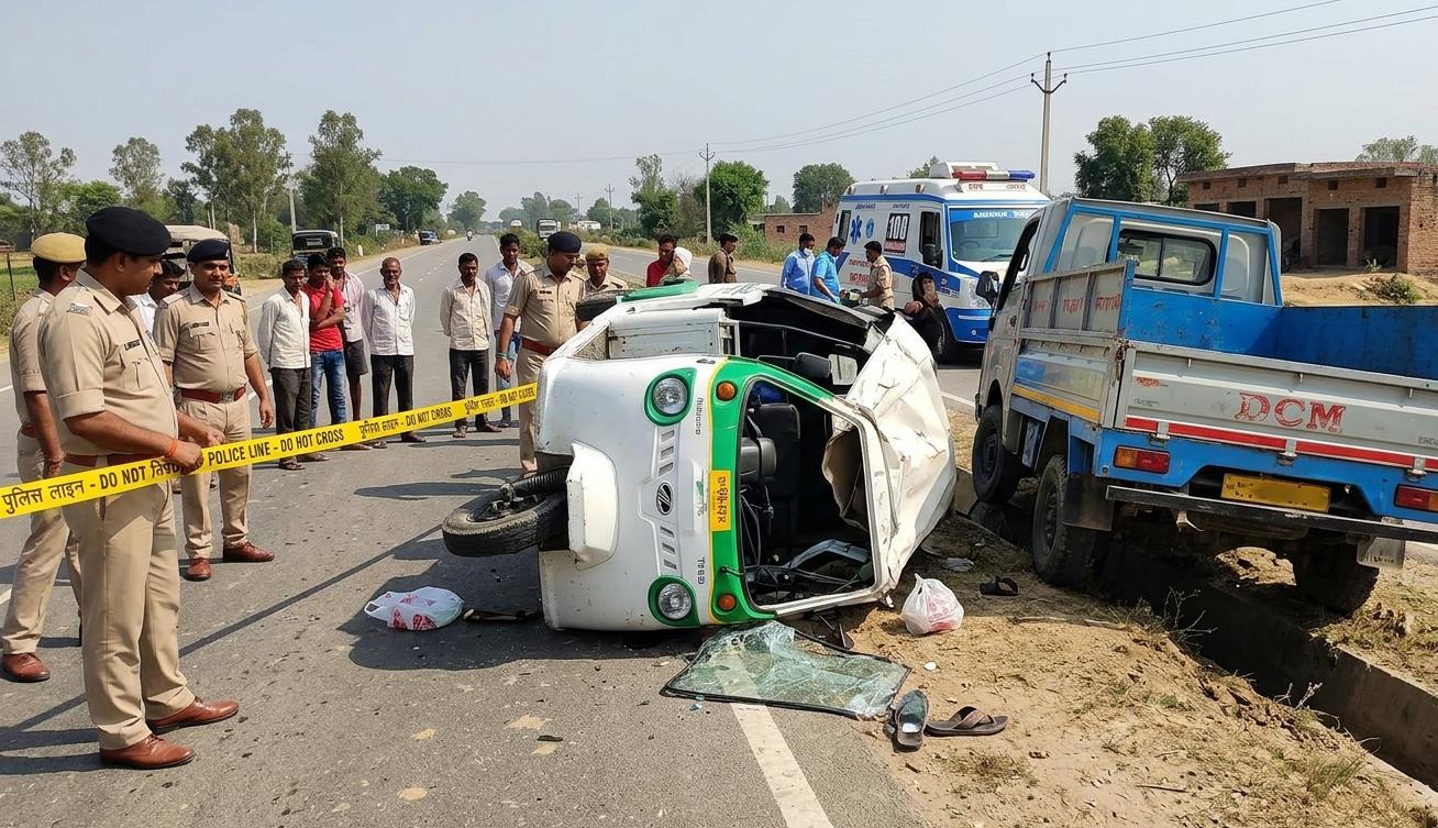 फर्रुखाबाद में इटावा-बरेली हाईवे पर दुर्घटनाग्रस्त ऑटो और डीसीएम ट्रक के पास जांच करती पुलिस और खड़ी एम्बुलेंस