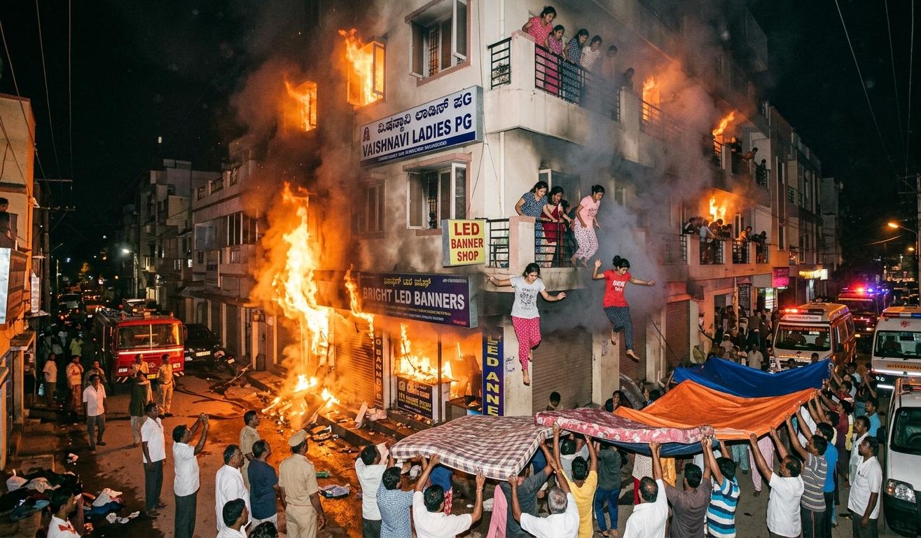 बेंगलुरु में पीजी बिल्डिंग में लगी भीषण आग और जान बचाने के लिए कूदती युवतियां।