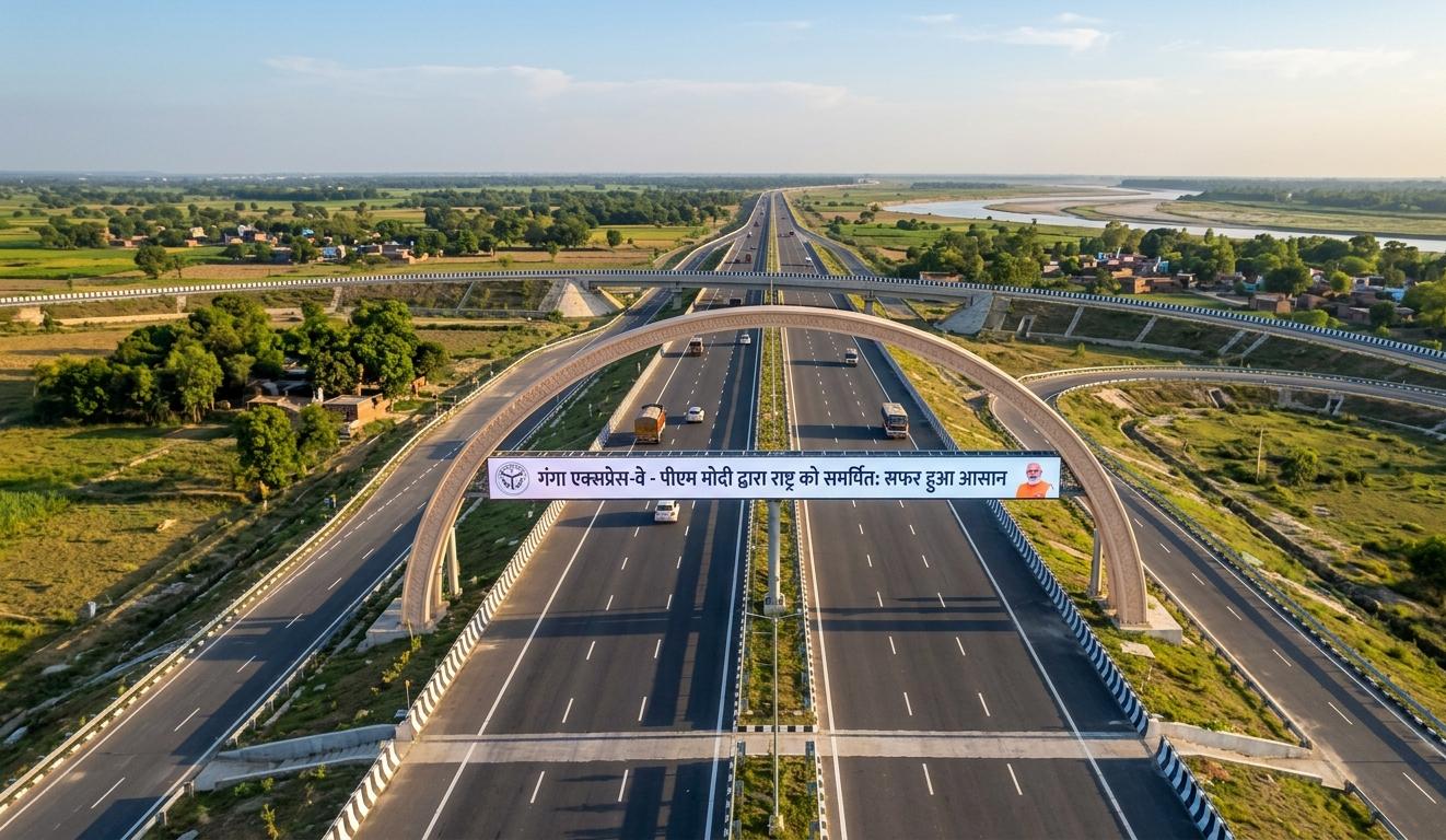 गंगा एक्सप्रेस-वे का हवाई दृश्य, जहाँ एक बड़े गेट पर हिंदी में लिखा है - 'गंगा एक्सप्रेस-वे - पीएम मोदी द्वारा राष्ट्र को समर्पित: सफर हुआ आसान'। इस पर वाहन चल रहे हैं और पास में गंगा नदी बह रही है।