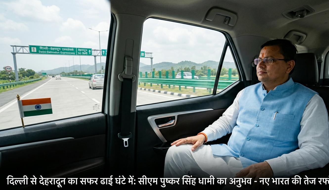 उत्तराखंड के मुख्यमंत्री पुष्कर सिंह धामी दिल्ली-देहरादून एक्सप्रेसवे पर कार में सफर करते हुए।