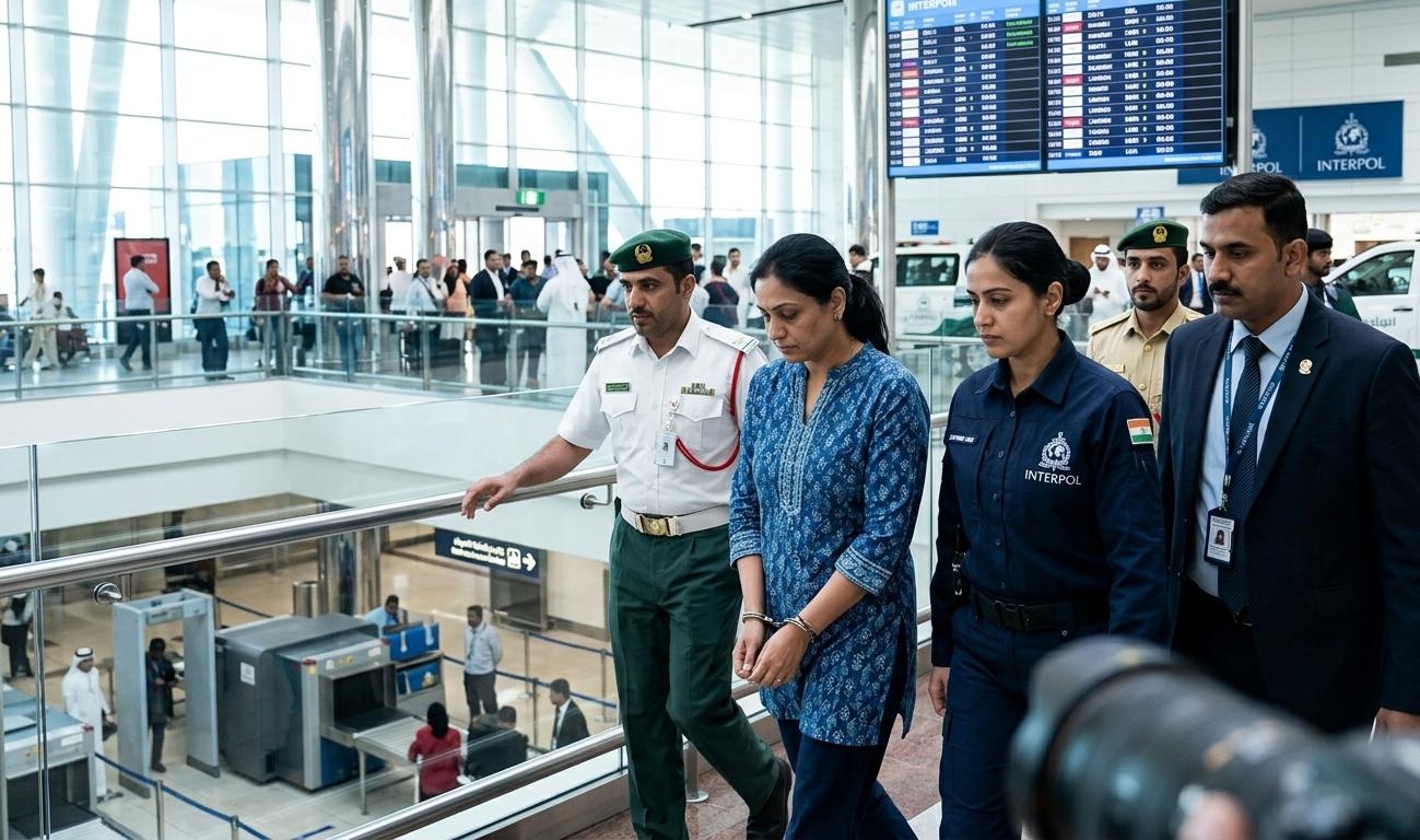 दुबई एयरपोर्ट पर इंटरपोल और पुलिस की हिरासत में धोखाधड़ी की आरोपी राखी मित्तल।