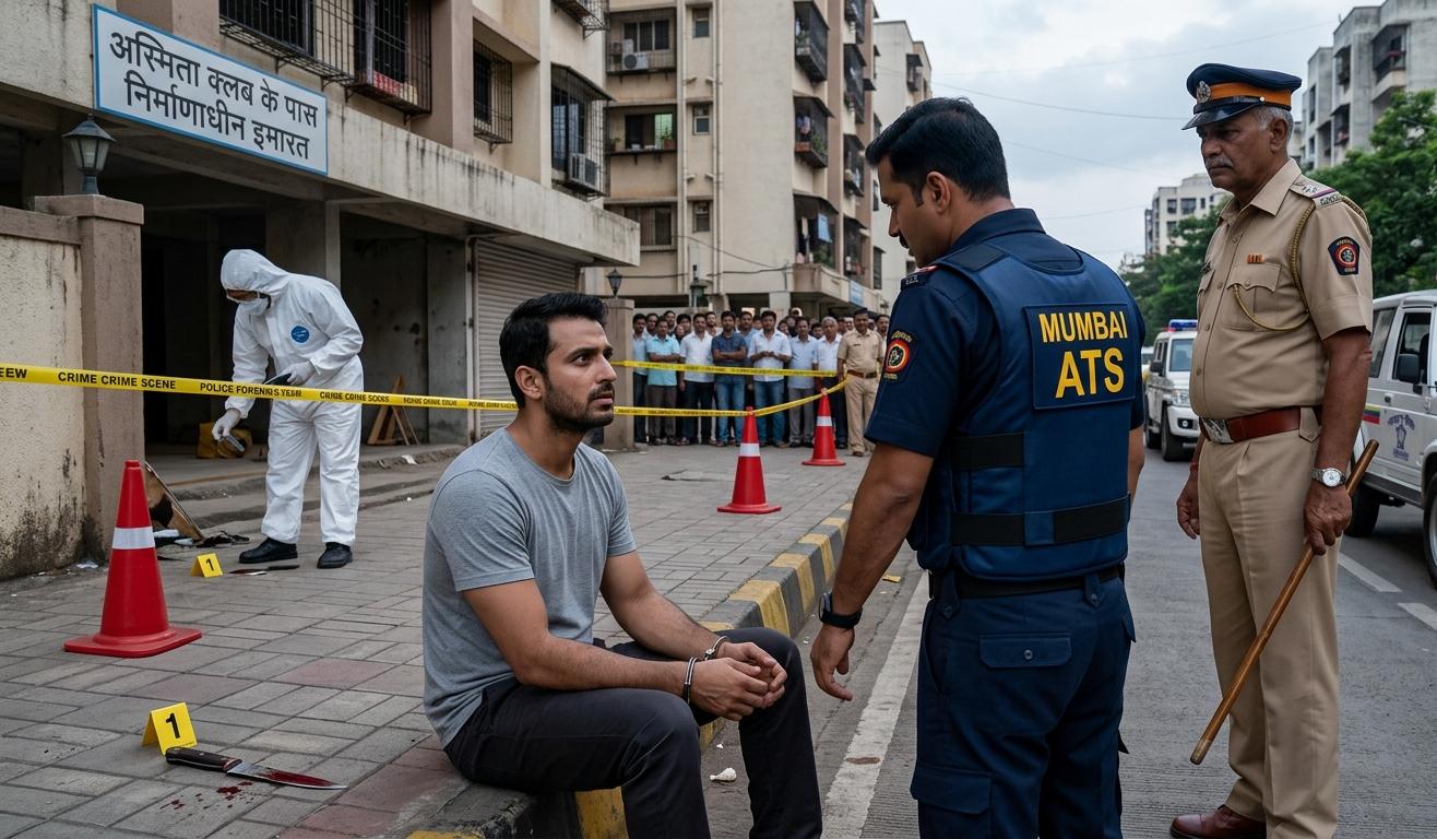मुंबई एटीएस के अधिकारी मीरा रोड पर गार्ड्स पर हमले के आरोपी से पूछताछ करते हुए।