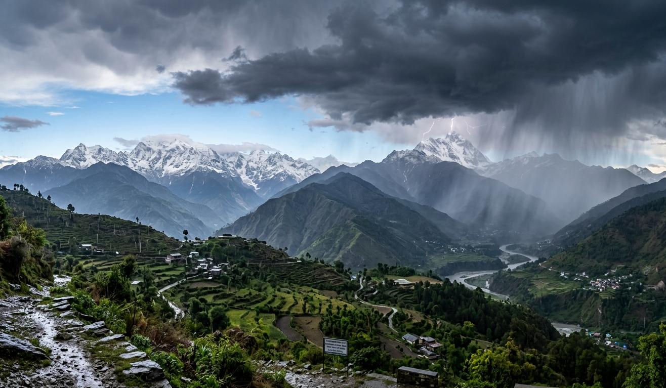 उत्तराखंड के हिमालयी क्षेत्रों में काले बादलों के साथ बारिश, बिजली और ओलावृष्टि का दृश्य, ऑरेंज अलर्ट का संकेत।
