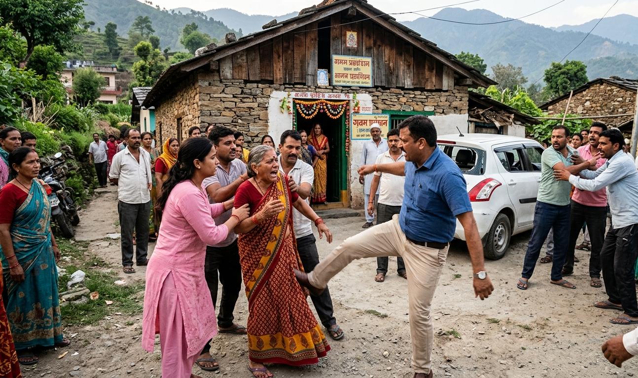 लालकुआं के पदमपुर देवलिया में ग्राम प्रधान द्वारा महिला के साथ मारपीट और हंगामे का दृश्य।