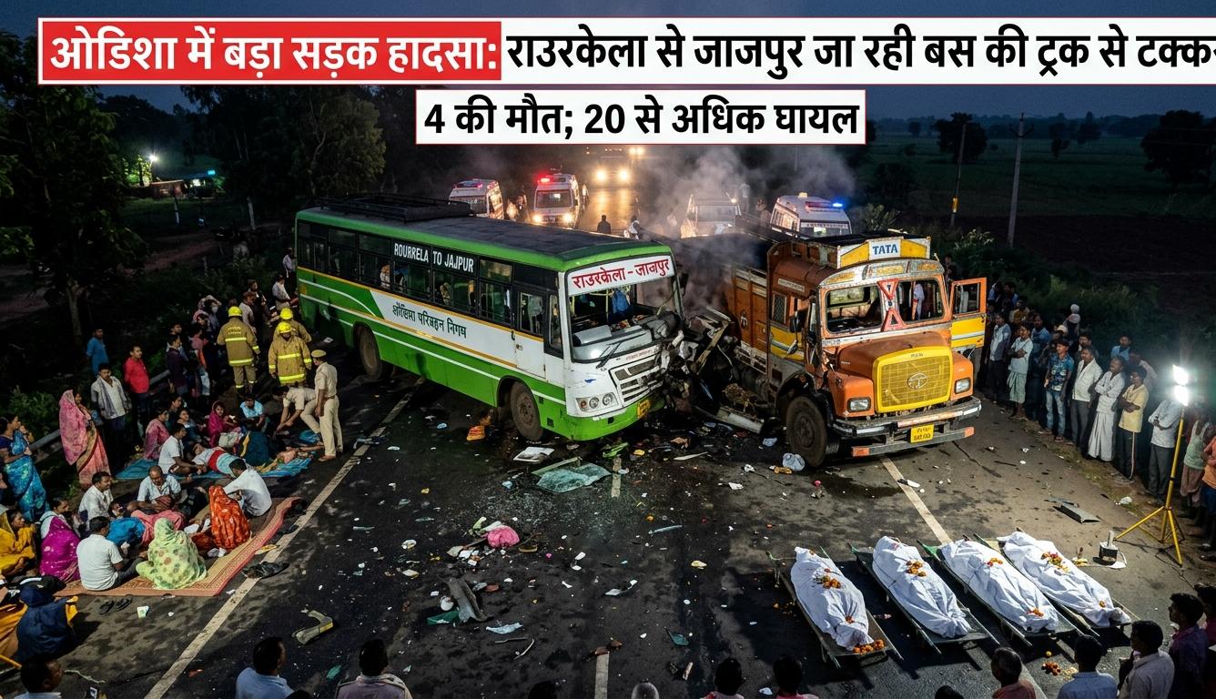 ओडिशा के चांदीपोष में बस और ट्रक की भीषण टक्कर के बाद का मंजर और बचाव कार्य।