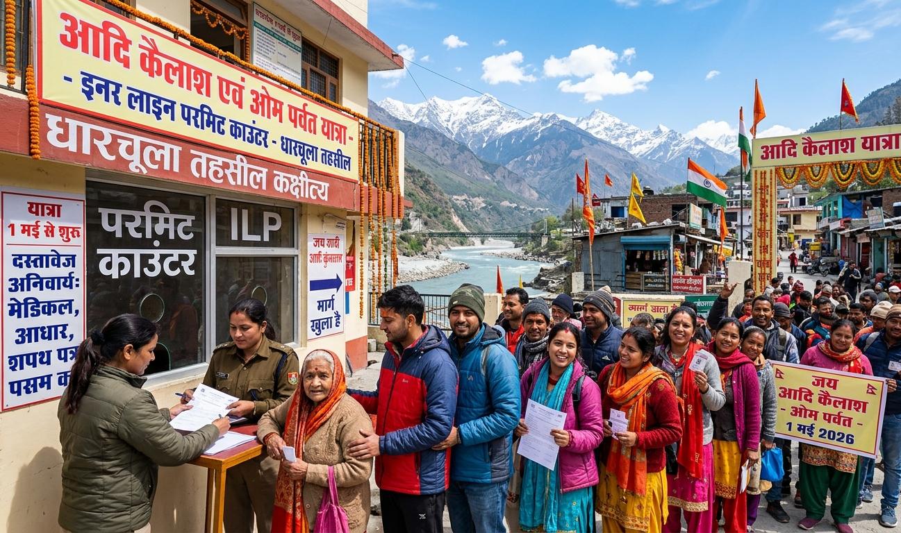 उत्तराखंड के धारचूला में आदि कैलाश और ओम पर्वत यात्रा के लिए इनर लाइन परमिट (ILP) काउंटर पर फॉर्म जमा करते श्रद्धालु और पुलिस अधिकारी।