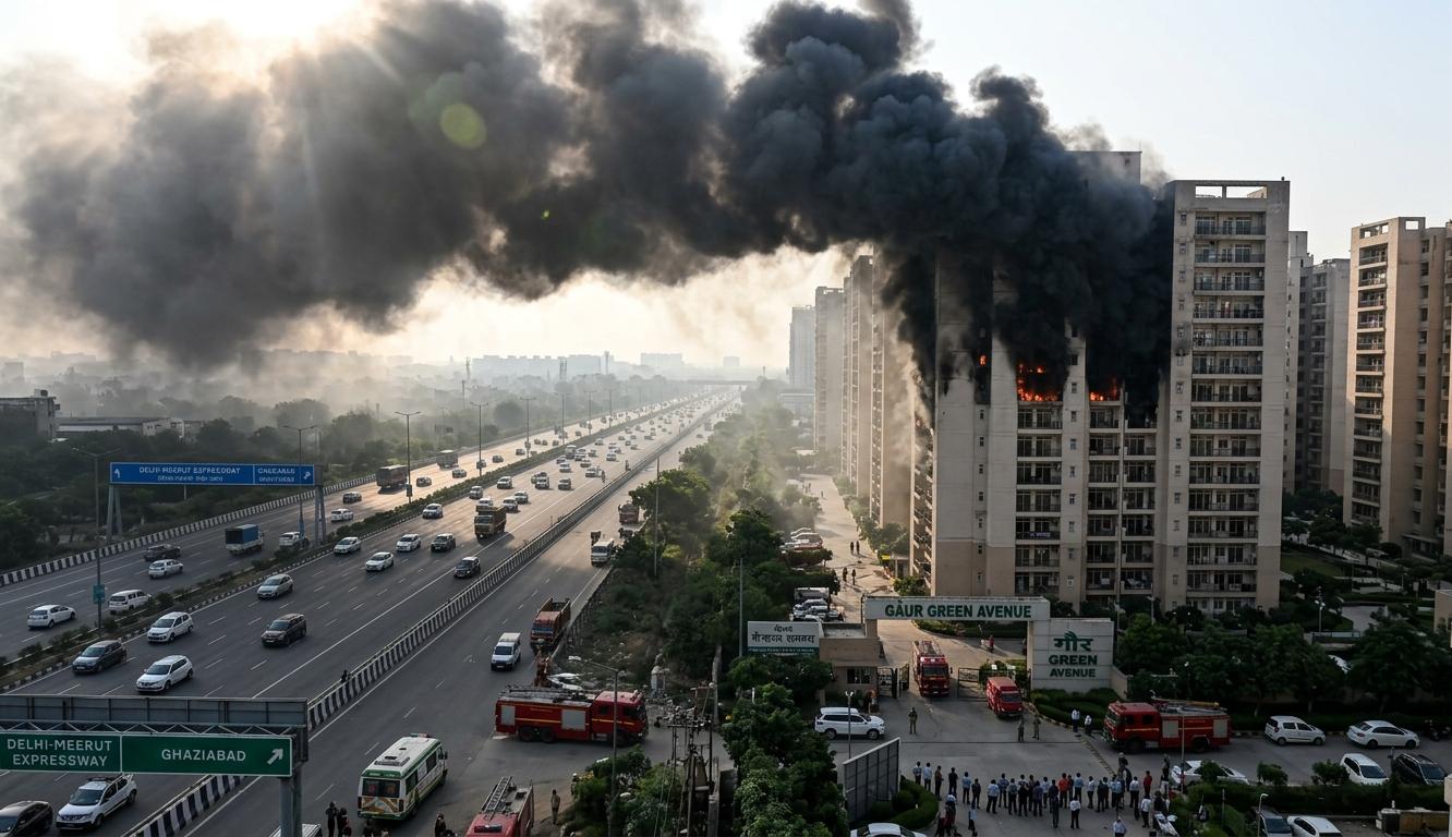 गाजियाबाद के इंदिरापुरम में गौड़ ग्रीन एवेन्यू सोसाइटी की इमारत से निकलता धुआं और दूर दिखता दिल्ली-मेरठ एक्सप्रेसवे।