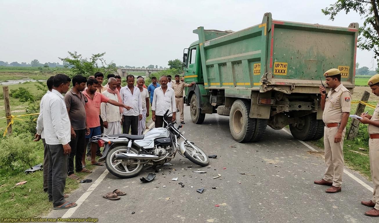 फतेहपुर के खेमकरनपुर में डंपर की टक्कर से हुई बाइक दुर्घटना स्थल पर पुलिस जांच करती हुई और ग्रामीणों की भीड़।