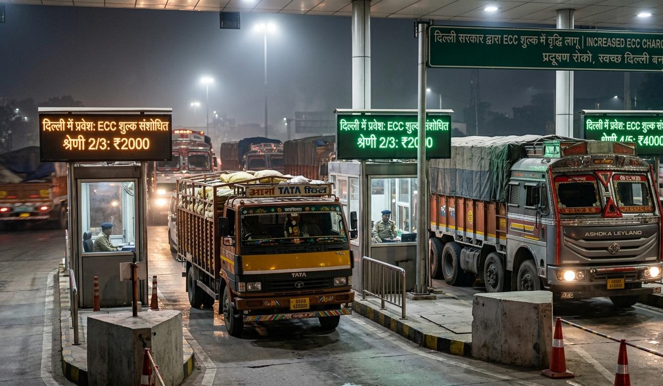 दिल्ली की सीमा पर टोल प्लाजा पर कतारबद्ध खड़े ट्रक और ECC शुल्क की नई दरों को दर्शाता बोर्ड।