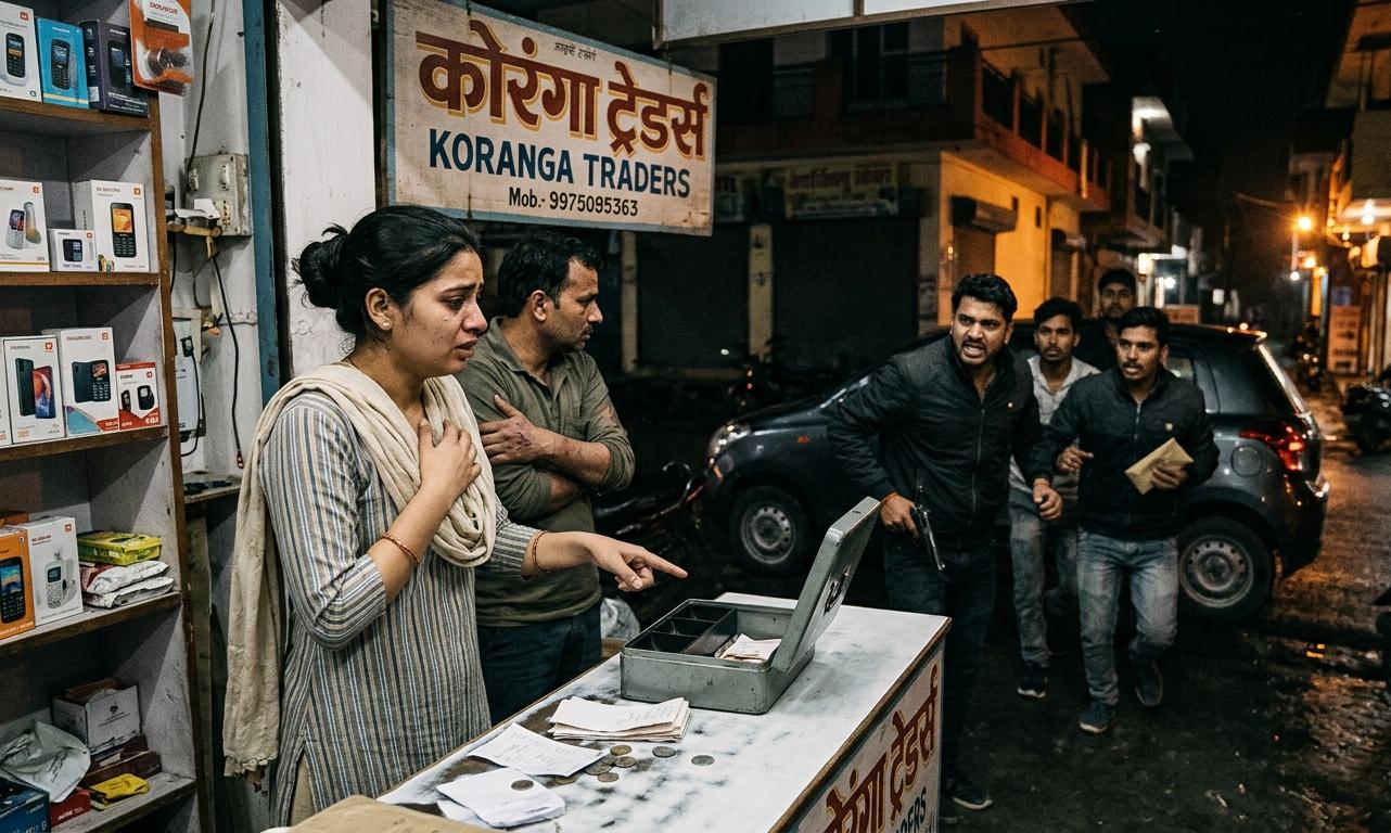 रुद्रपुर की एक दुकान 'कोरंगा ट्रेडर्स' के बाहर का दृश्य जहाँ युवती से छेड़छाड़ और लूटपाट की घटना हुई।