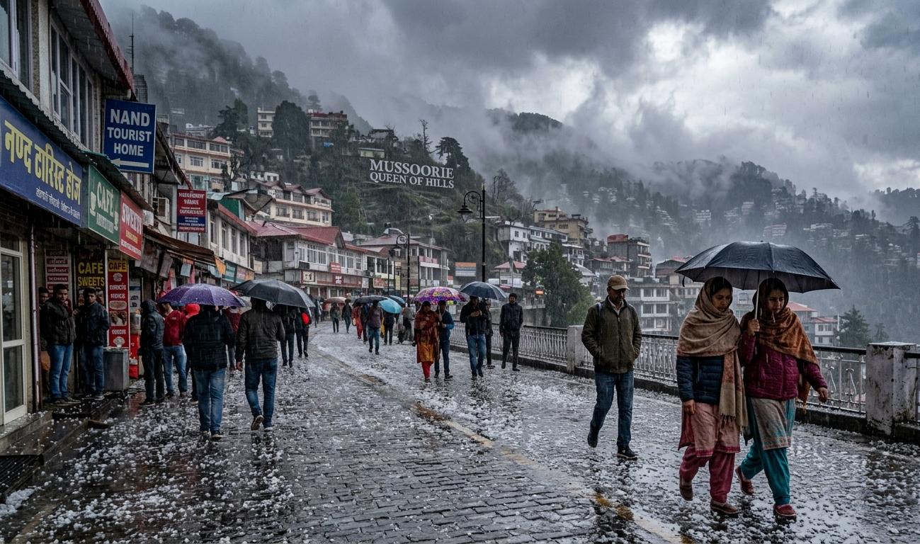 मसूरी की माल रोड पर ओलावृष्टि के बाद बिछी सफेद चादर और छाता लेकर चलते लोग