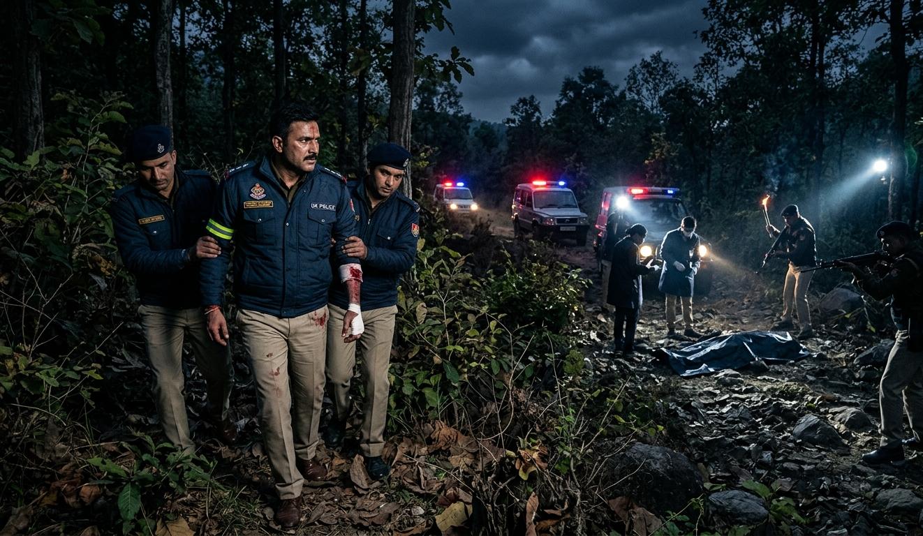 देहरादून के जंगल में पुलिस मुठभेड़ के बाद का दृश्य जहाँ पुलिसकर्मी घायल साथी की मदद कर रहे हैं।