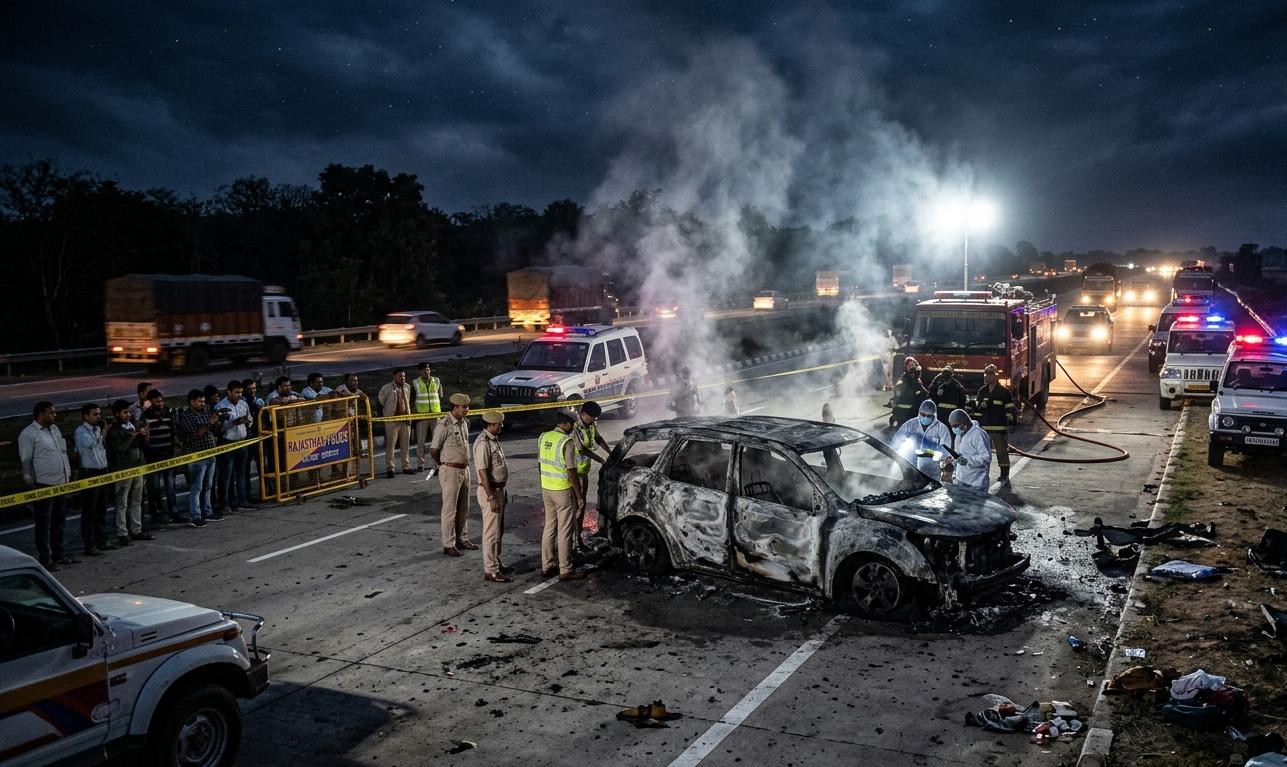 दिल्ली-मुंबई एक्सप्रेसवे पर जली हुई कार और मौके पर मौजूद पुलिस व फॉरेंसिक टीम।