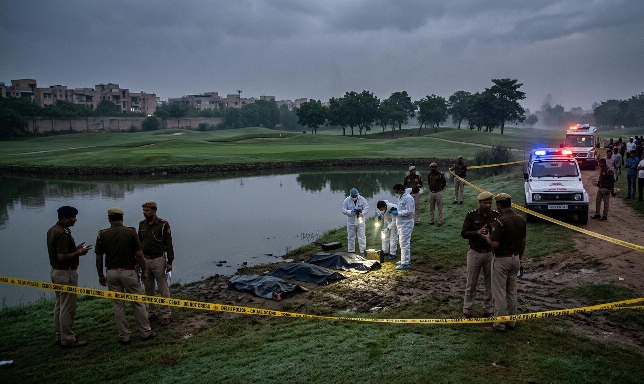 दिल्ली के द्वारका गोल्फ कोर्स में पुलिस और फॉरेंसिक टीम पानी के किनारे बच्चों के शव मिलने के बाद जांच करती हुई।