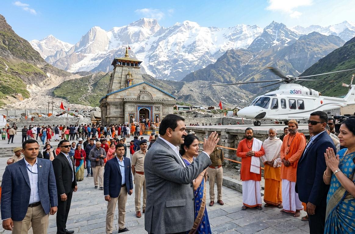 उद्योगपति गौतम अडानी और उनकी पत्नी केदारनाथ मंदिर परिसर में दर्शन के बाद सुरक्षा कर्मियों के साथ।
